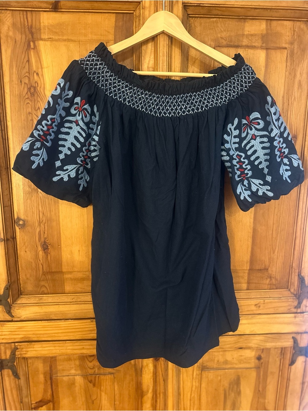 ZARA Boho Embroidered Off-Shoulder Navy Dress Small